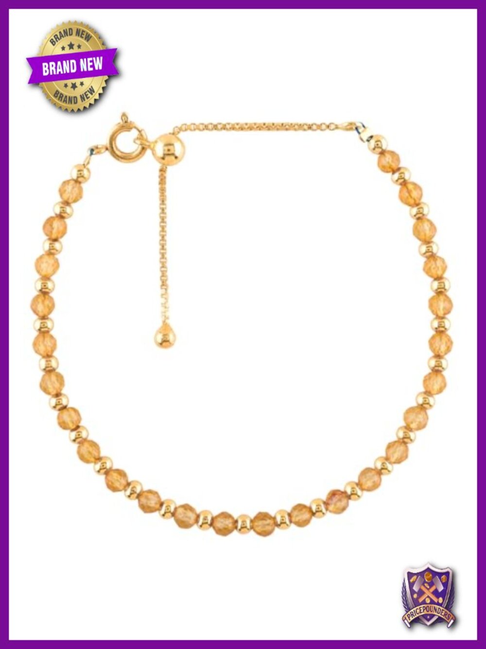 Citrine Beaded Bolo Slider Bracelet 14K Gold Plated Adjustable Chain Women Gift
